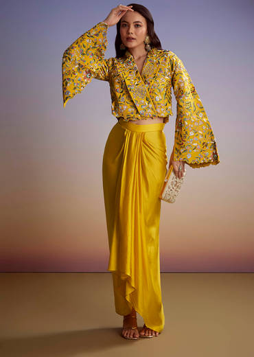 Yellow Silk Crop Top Skirt With Resham Work