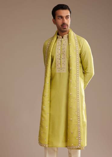 Yellow Silk Embroidered Kurta Set With Dupatta