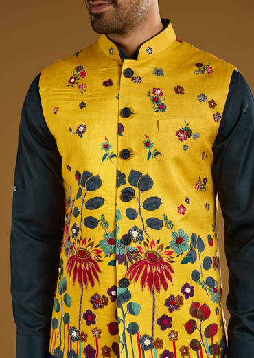 Yellow Silk Floral Kurta Jacket Set For Men With Thread Work