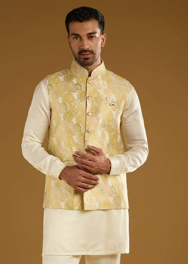 Yellow Silk Jacquard Kurta Jacket Set For Men With Resham Embroidery