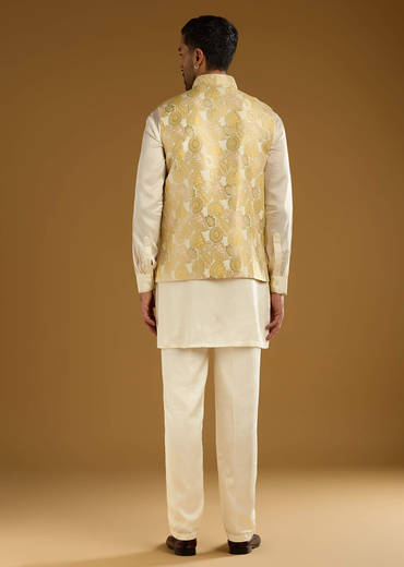 Yellow Silk Jacquard Kurta Jacket Set For Men With Resham Embroidery