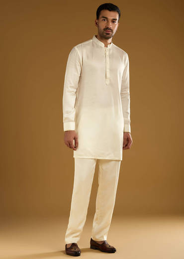 Yellow Silk Jacquard Kurta Jacket Set For Men With Resham Embroidery