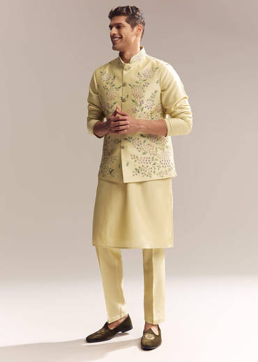 Yellow Silk Kurta Jacket Set For Men With Heavy Embroidery
