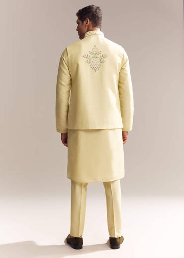 Yellow Silk Kurta Jacket Set For Men With Heavy Embroidery