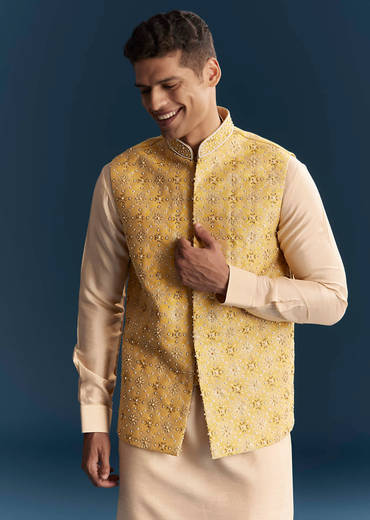 Yellow Silk Kurta Jacket Set For Men With Heavy Hand Embroidery