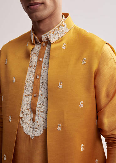 Yellow Silk Kurta Jacket Set For Men With Zardosi Hand Embroidery