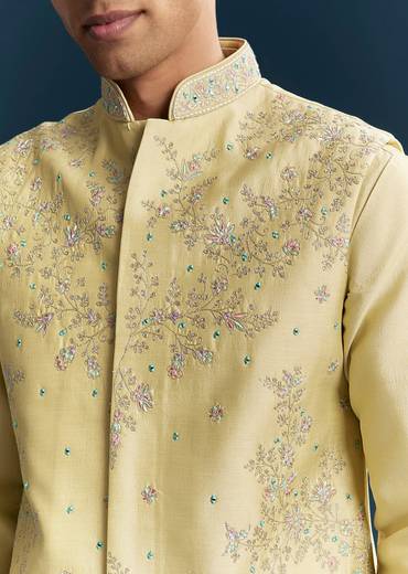 Yellow Silk Kurta Jacket Set With Thread And Mirror Work
