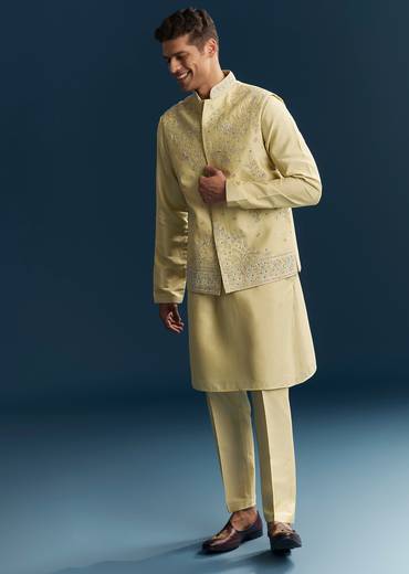Yellow Silk Kurta Jacket Set With Thread And Mirror Work