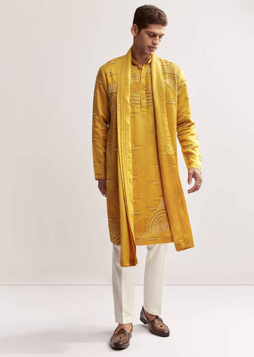 Yellow Silk Kurta Set For Men With Cutdana And Bead Work