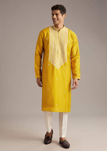 Yellow Silk Kurta Set For Men With Mirror And Thread Work