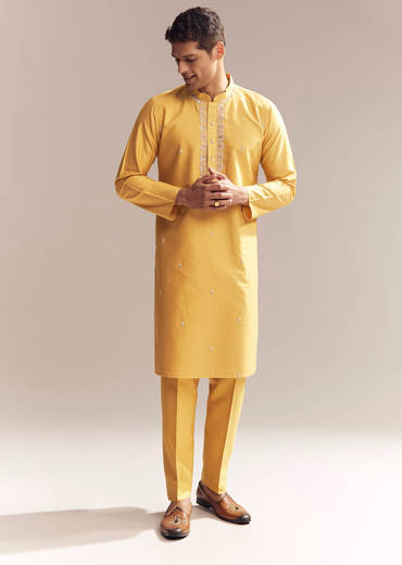 Yellow Silk Kurta Set For Men With Zardosi And Aari Work