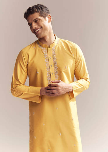 Yellow Silk Kurta Set For Men With Zardosi And Aari Work