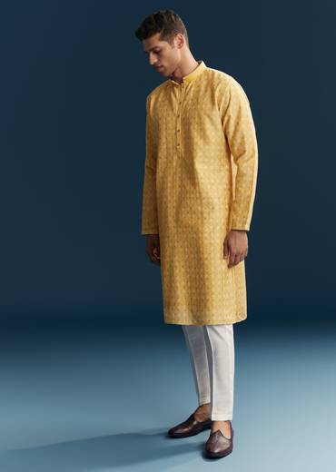 Yellow Silk Kurta Set With Minimal Thread Detail