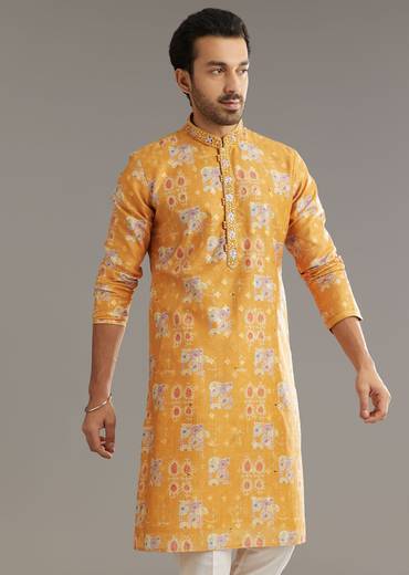 Yellow Silk Kurta Set With Print Work