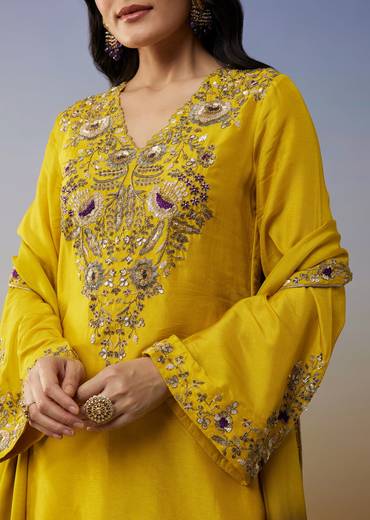 Yellow Silk Palazzo Suits with Zardosi Sequins Work
