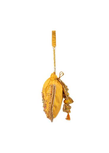 Yellow Silk Peacock Motif Embroidered Potli Bag
