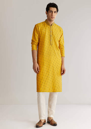 Yellow Silk Resham Embroidered Kurta Set With Mirrorwork