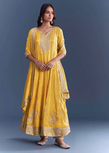 Yellow Tissue Anarkali Suit With Sequins And Zari Work