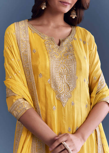 Yellow Tissue Anarkali Suit With Sequins And Zari Work