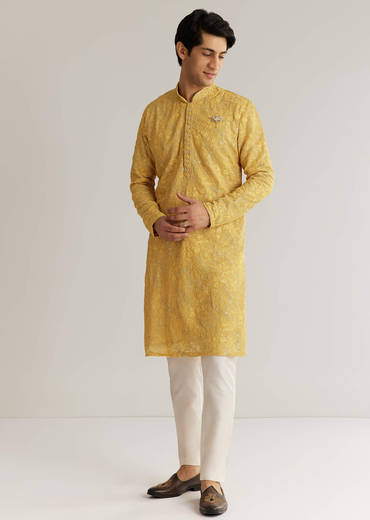 Yellow Tissue Resham Embroidered Kurta Set With Cutdana Beads