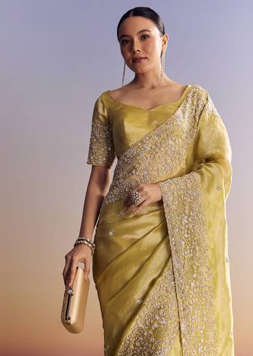 Yellow Tissue Saree With Heavy Floral Embroidered Border