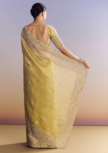 Yellow Tissue Saree With Heavy Floral Embroidered Border