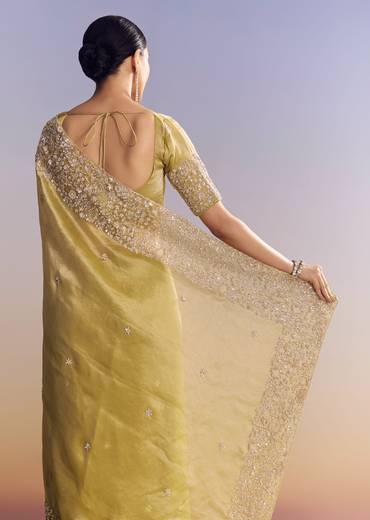 Yellow Tissue Saree With Heavy Floral Embroidered Border