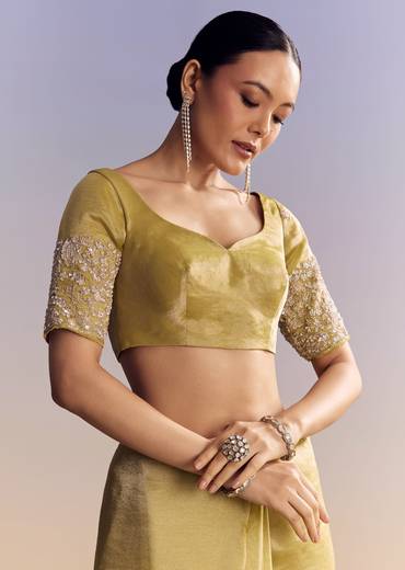 Yellow Tissue Saree With Heavy Floral Embroidered Border