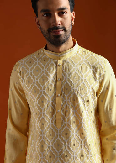 Yellow Viscose Kurta Set For Men With Resham Work