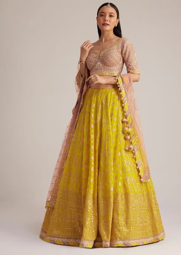 Yellow and Mauve Embroidered Lehenga Set With Net Dupatta