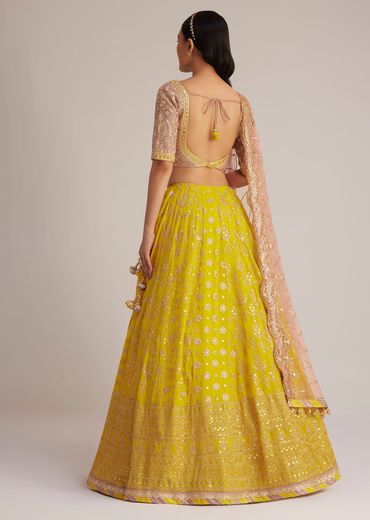 Yellow and Mauve Embroidered Lehenga Set With Net Dupatta