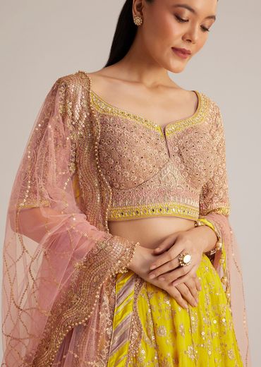 Yellow and Mauve Embroidered Lehenga Set With Net Dupatta