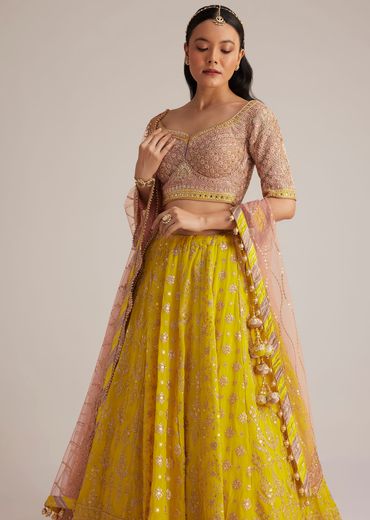 Yellow and Mauve Embroidered Lehenga Set With Net Dupatta