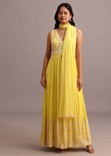 Yellow Embroidered Anarkali Pant Suit With Net Dupatta