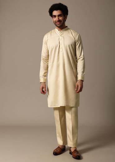 Yellow Resham Work Kurta Jacket Set For Men