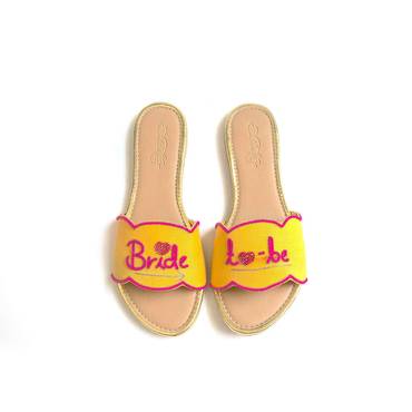 Yellow Slider Flats With Fuchsia Pink Colored Bride To Be Text And Scalloped Edge Online By Sole House