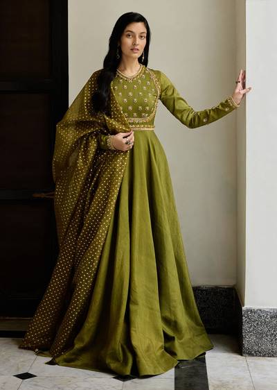 green dress for mehndi Mehendi Tussar Anarkali Suit With Cutdana Embroidery Dupatta simple