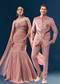 Celebration Couple Set – Blush Pink Georgette Fish-Cut Lehenga with Embroidered Sleeveless Blouse & Choker Dupatta for Her And Pink Jodhpuri-Style Tuxedo Set with Metal Broach for Him