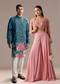 Festive Couple Set – Pink Embellished Cape Palazzo Set for Her And Blue Silk Kurta Set with Resham Embroidery for Him