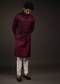 Wine Nehru Jacket Set In Raw Silk With Resham And Mirror Embroidered Geometric Jaal And Aligarh Pants