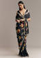 Black Crepe Saree With Floral Digital Print And Sequin Border