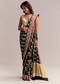 Black Linen Printed Saree With Hand Block Ajrakh Leaf Print