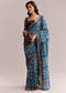 Blue Linen Printed Saree With Hand Dyed Shibori Print