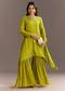 Green Chinon Asymmetrical Cut Kurta Sharara With Dupatta