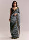 Midnight Blue Linen Printed Saree With Hand Dyed Shibori Print