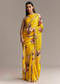 Mustard Crepe Saree With Floral Print And Mirror Border