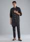 Navy Blue Linen Kurta Jacket Set With Thread Resham Work
