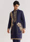 Navy Blue Rawsilk Jacket Kurta Set With Floral Beaded And Threadwork