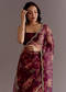 Wine Organza Saree With Floral Print And Hand Embellished Border