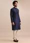 Navy Blue Silk Kurta Set With Resham Work For Men